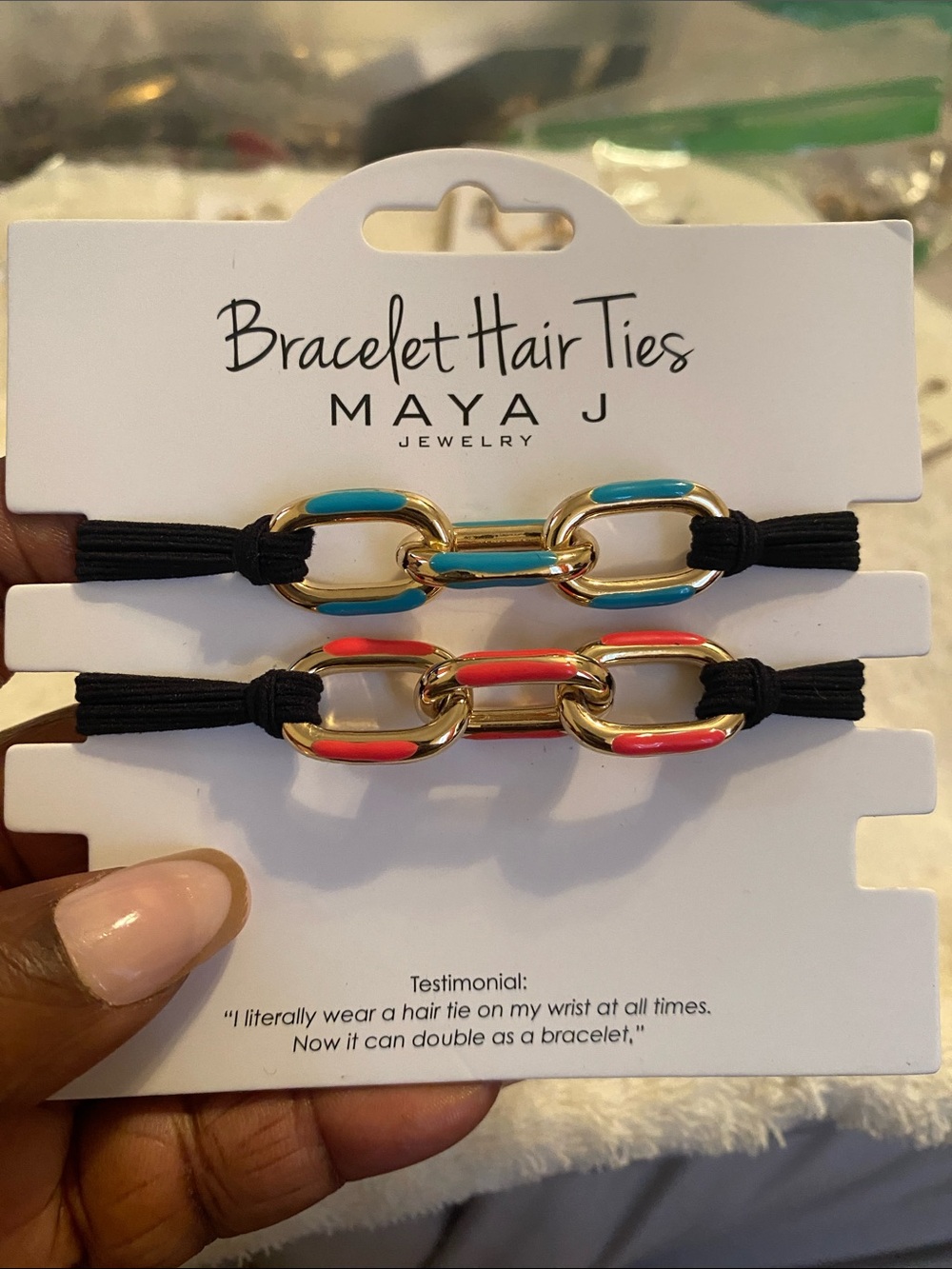 Maya J Gold Link Bracelet Hair Ties - Turquoise & Coral